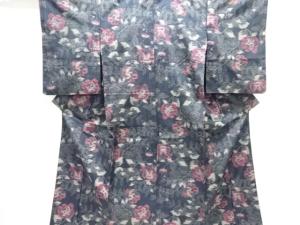 枝花模様織り出し手織り紬着物